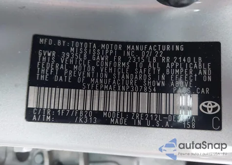 2022 Toyota Corolla Le z USA, uszkodzony, nr VIN 5YFEPMAEXNP307854